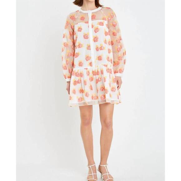 NEW ENGLISH FACTORY aurora floral organza mini dress in orange - Picture 3 of 7